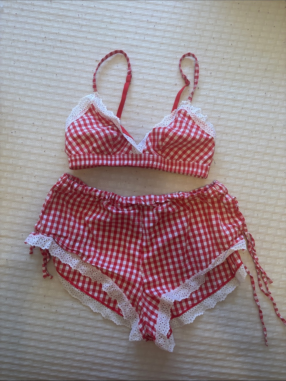 Colsie Red & White Gingham Lace-Trim Bralette and Shorts Set